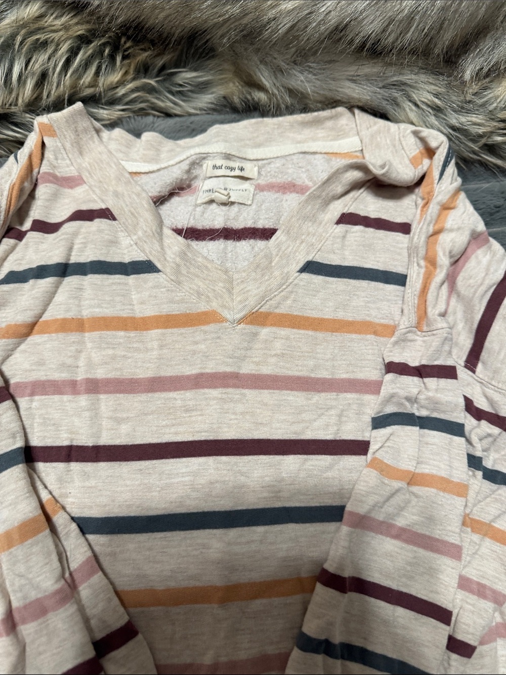 Striped V-Neck Long Sleeve Top in Cream, Mauve, Navy & Rust